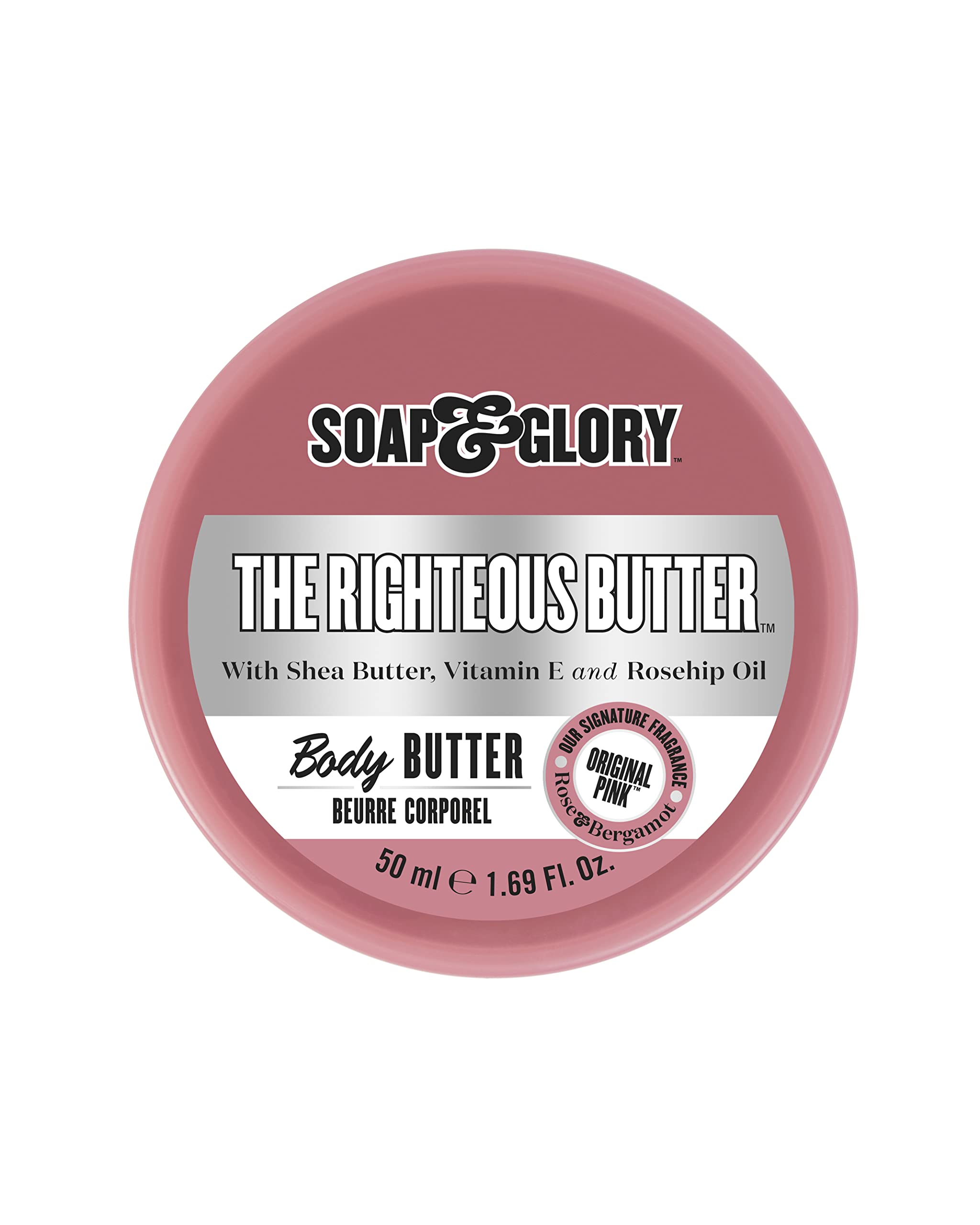 Soap & Glory The Righteous Butter Moisturizing Body Butter - Skin Hydration Body Moisturizer with Vitamin E, Rosehip Seed Oil & Shea Butter - Rich Body Cream for Soft & Smooth Skin (50ml)